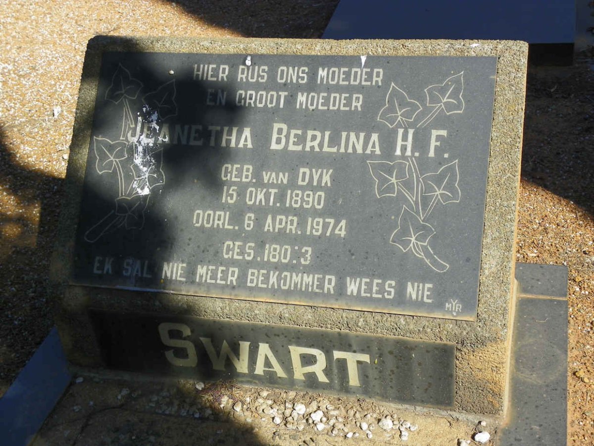 SWART Jeanetha Berlina H.F. nee VAN DYK 1890-1974