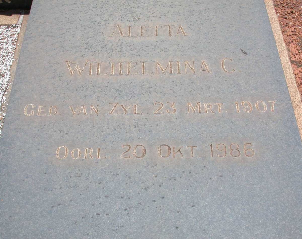 ? Aletta Wilhemina C. nee VAN ZYL 1907-1986
