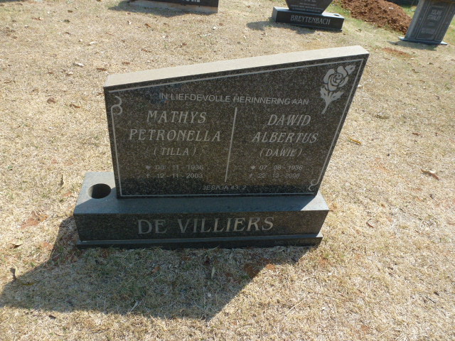 VILLIERS Dawid Albertus, de 1936-200? &amp; Mathys Petronella 1936-2003