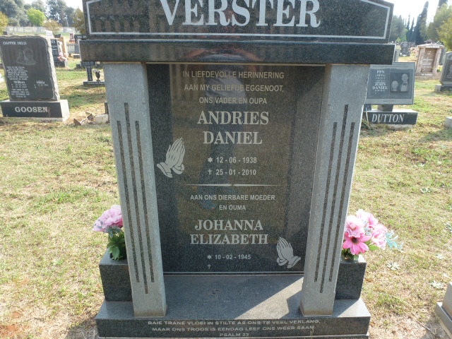 VERSTER Andries Daniel 1938-2010 &amp; Johanna Elizabeth 1945-