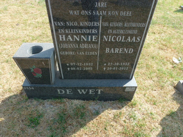 WET Nicolaas Barend, de 1932-2012 &amp; Johanna Adriana VAN EEDEN 1932-2005