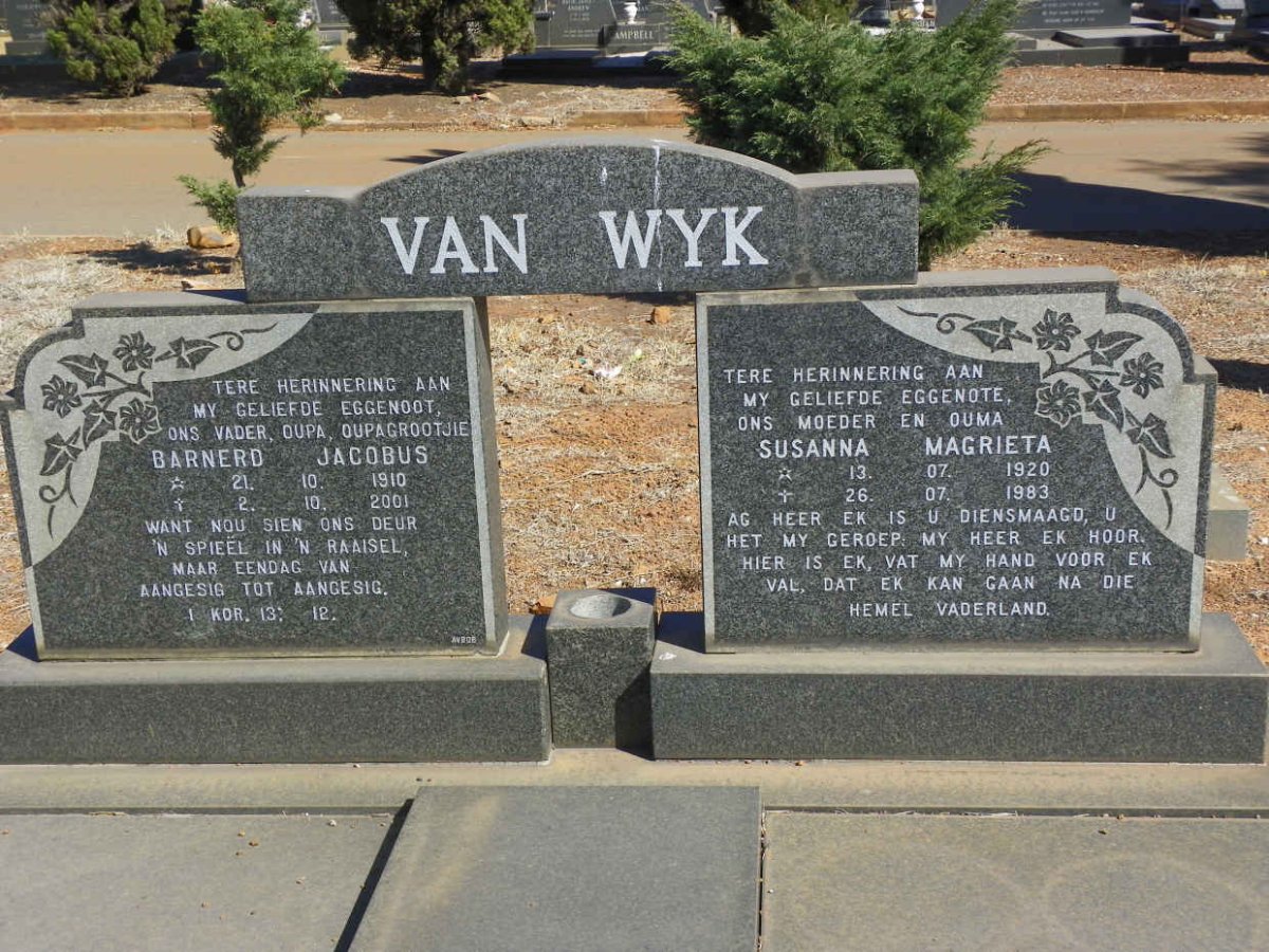 WYK Barnerd Jacobus, van 1910-2001 &amp; Susanna Magrieta 1920-1983