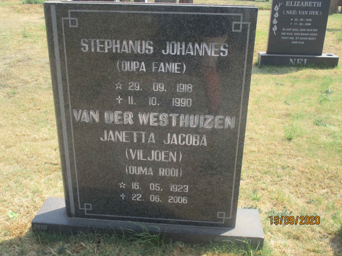 WESTHUIZEN Stephanus Johannes, van der 1918-1990 &amp; Janetta Jacoba VILJOEN 1923-2006