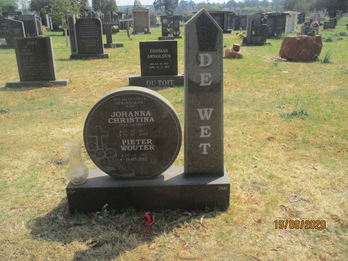 WET Pieter Wouter, de 1919-2012 &amp; Johanna Christina JACOBS 1917-2004