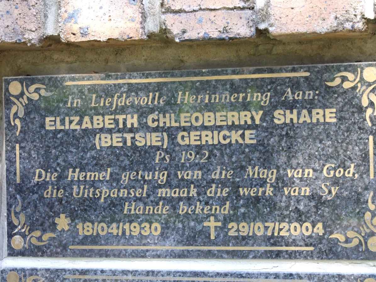 GERICKE Elizabeth Chleoberry Share 1930-2004