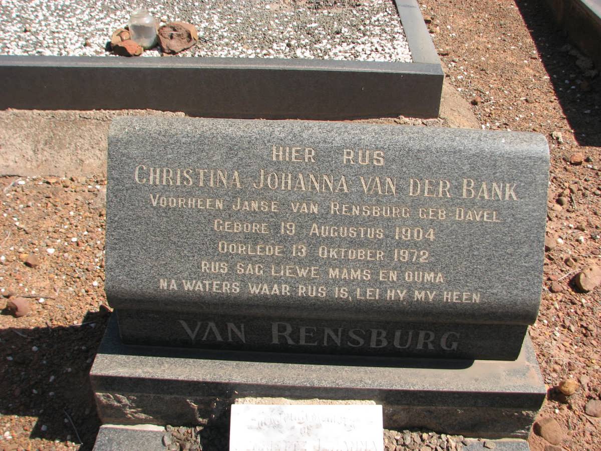BANK Christina Johanna, van der formerly J. VAN RENSBURG nee DAVEL 1904-1972 :: ADAMS Henriette Johanna 1947-1990 #1