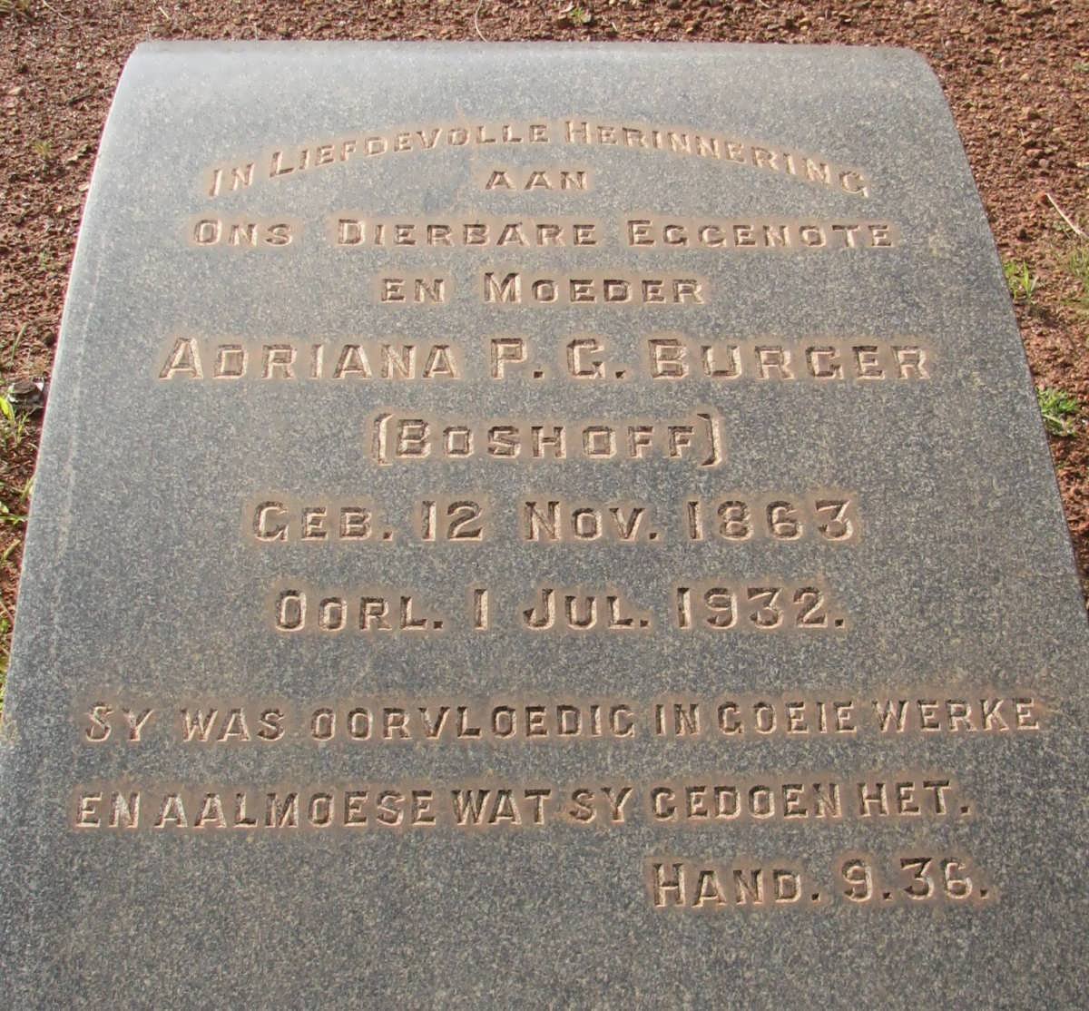 BURGER Adriana P.G. nee BOSHOFF 1863-1932