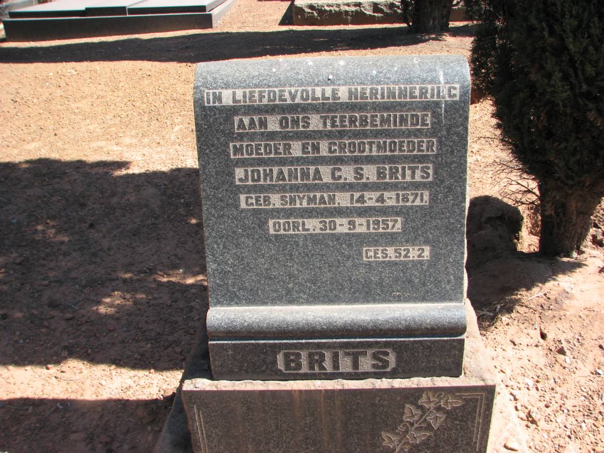 BRITS Johanna C.S. nee SNYMAN 1871-1957