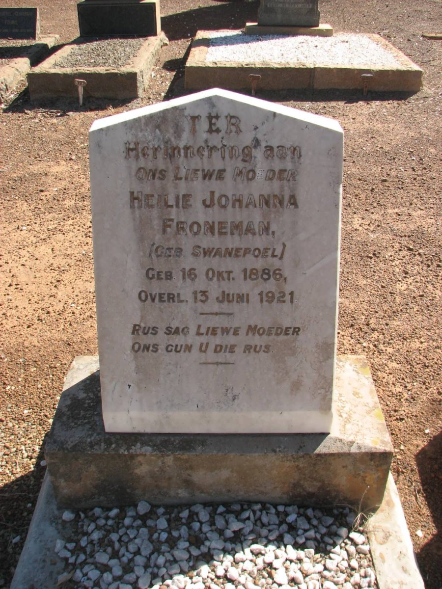 FRONEMAN Heilie Johanna nee SWANEPOEL 1886-1921