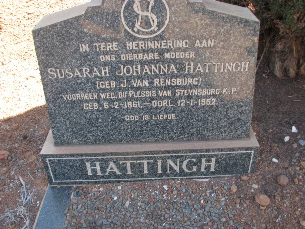 HATTINGH Susarah Johanna formerly DU PLESSIS nee J. VAN RENSBURG 1861-1952