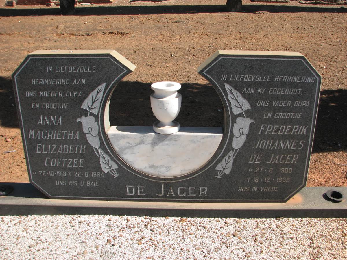 JAGER Frederik Johannes, de 1900-1939 &amp; Anna Magrietha Elizabeth COETZEE 1913-1984