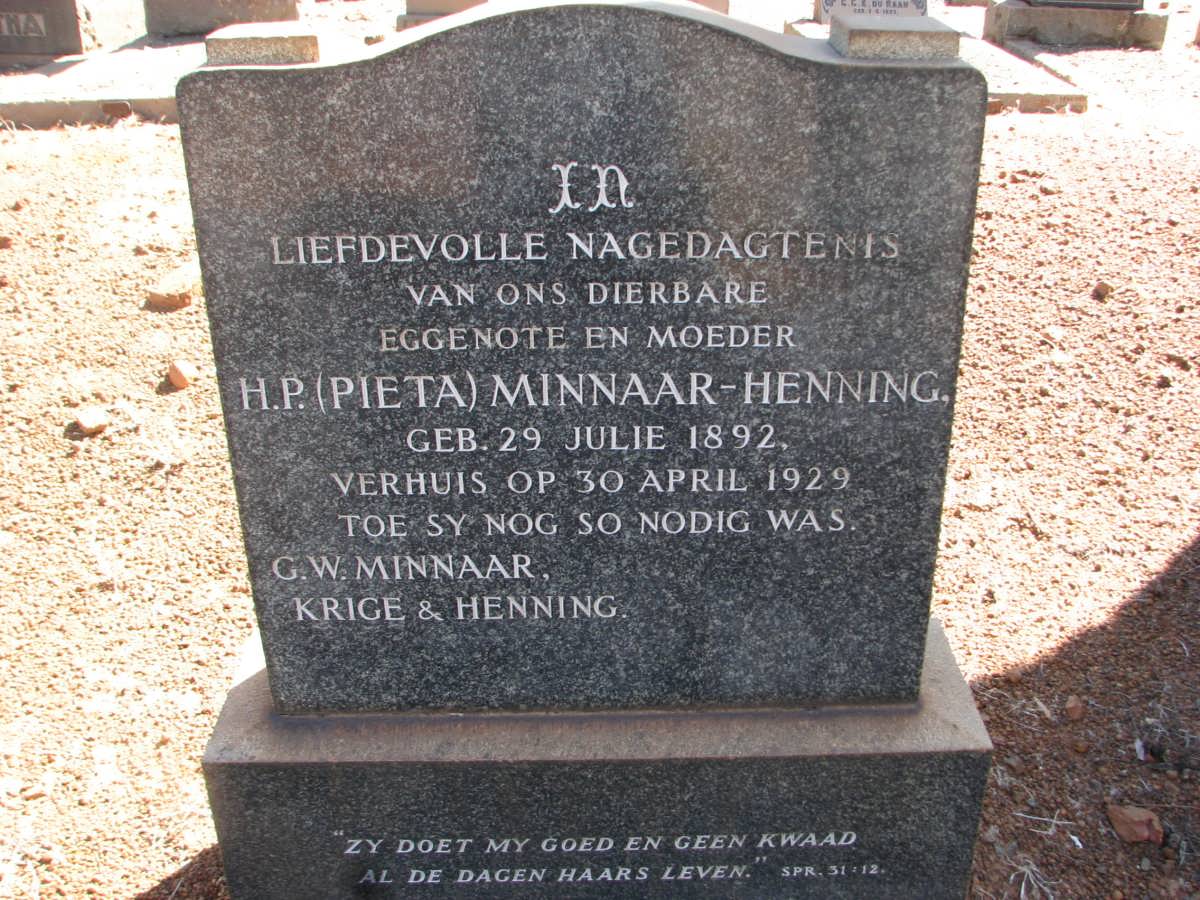 MINNAAR H.P. nee HENNING 1892-1929