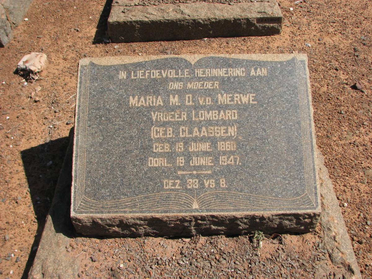 MERWE Maria M.D., v.d. formerly LOMBARD nee CLAASSEN 1860-1947