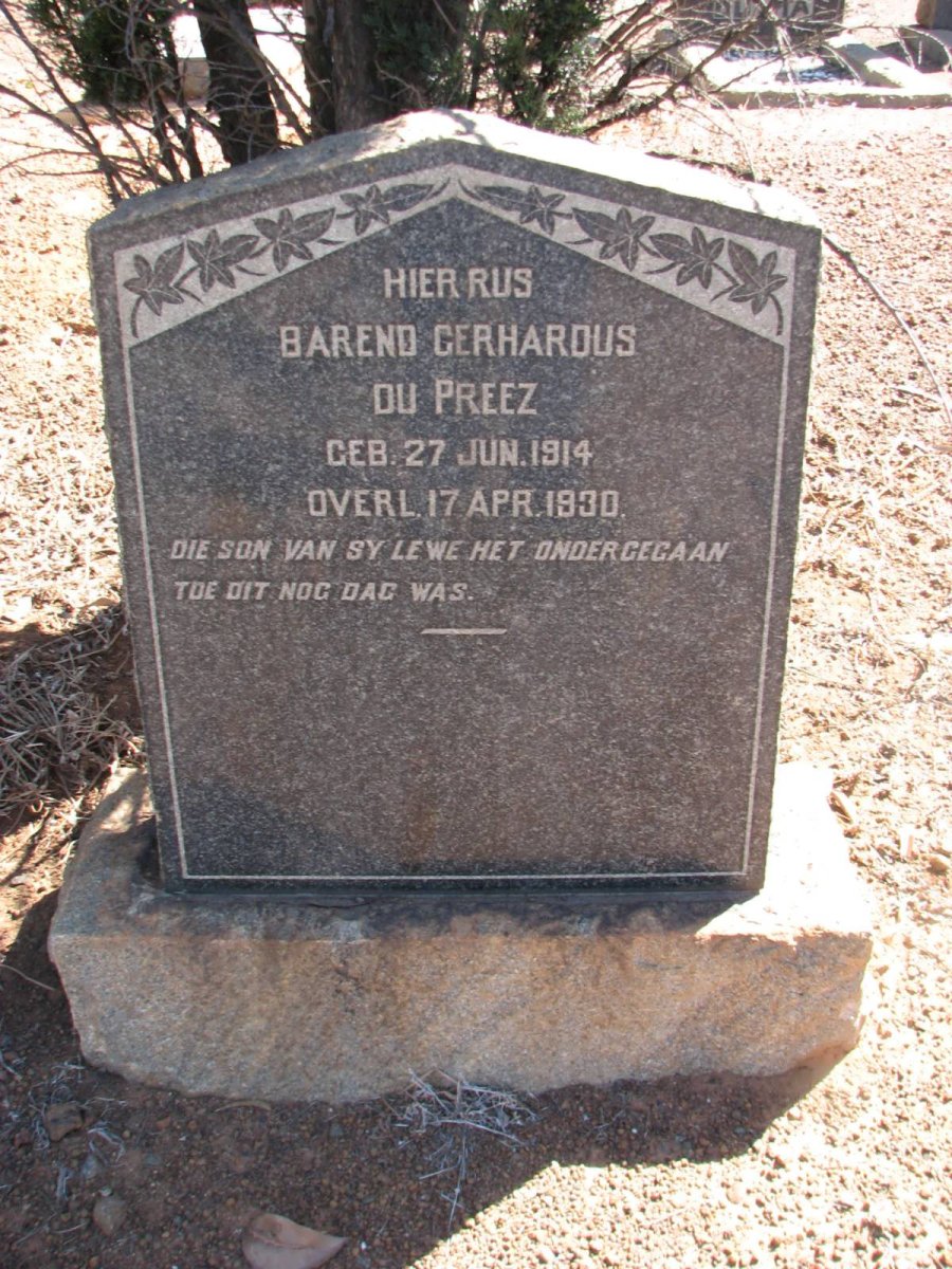 PREEZ Barend Gerhardus, du 1914-1930