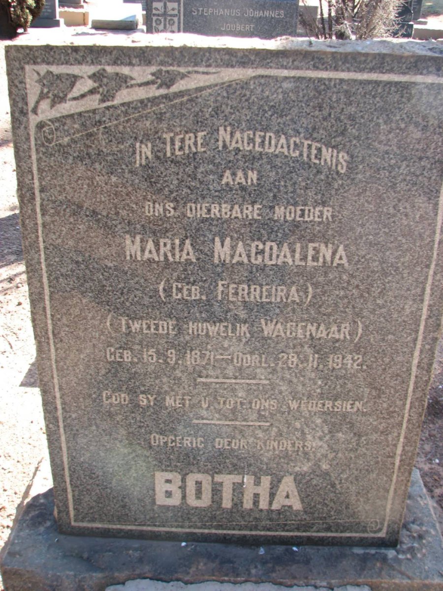 WAGENAAR Maria Magdalena formerly BOTHA nee FERREIRA 1871-1942