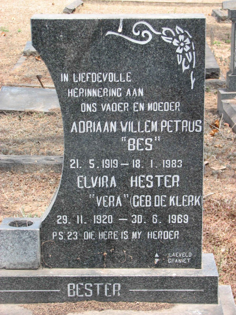 BESTER Adriaan Willem Petrus 1919-1983 &amp; Elvira Hester DE KLERK 1920-1969