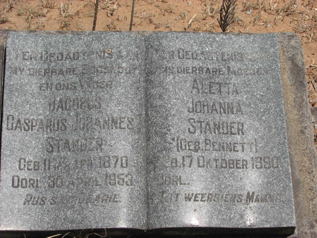 STANDER Jacobus Casparus Johannes 1870-1953 &amp; Aletta Johanna BENNETT 1890-