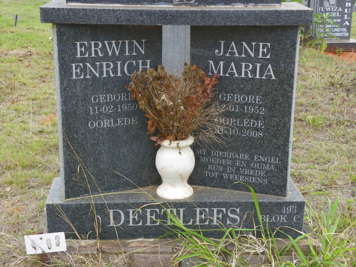 DEETLEFS Erwin Enrich 1950- &amp; Jane Maria 1952-2008