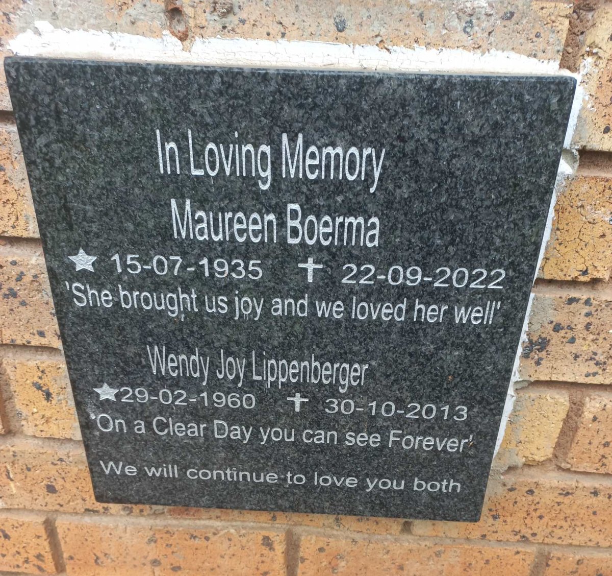 BOERMA Maureen 1935-2022 :: LIPPENBERGER Wendy Joy 1960-2013