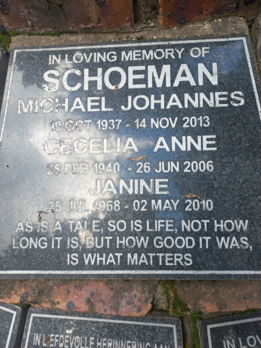 SCHOEMAN Michael Johannes 1937-2013 & Cecilia Anne 1940-2006 :: SCHEEPERS Janine 1968-2010 