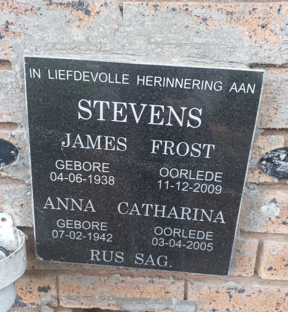 STEVENS James Frost 1938-2009 & Anna Catharina 1942-2005