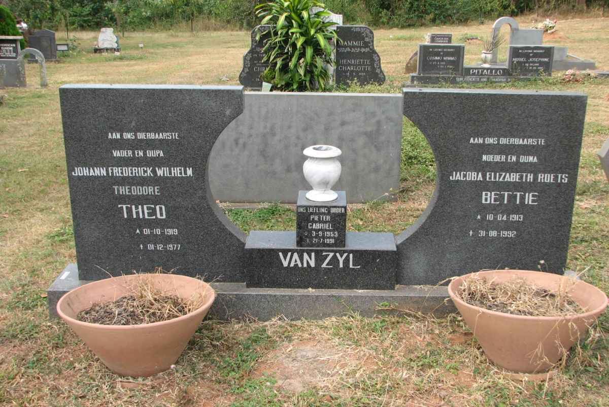 ZYL Johann Frederick Wilhelm Theodore, van 1919-1977 &amp; Jacoba Elizabeth ROETS 1913-1992 :: VAN ZYL Pieter Gabriel 1953-1991