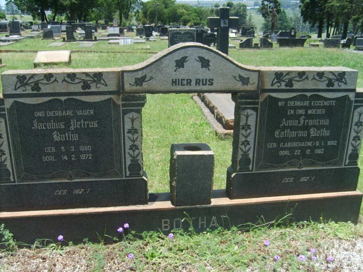 BOTHA Jacobus Petrus 1880-1972 &amp; Anna Francina Catharina LABUSCHAGNE 1882-1962
