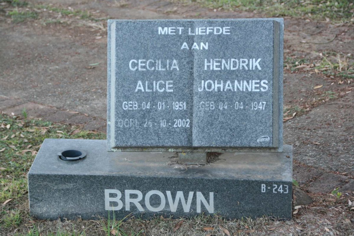 BROWN Hendrik Johannes 1947- &amp; Cecilia Alice 1951-2002