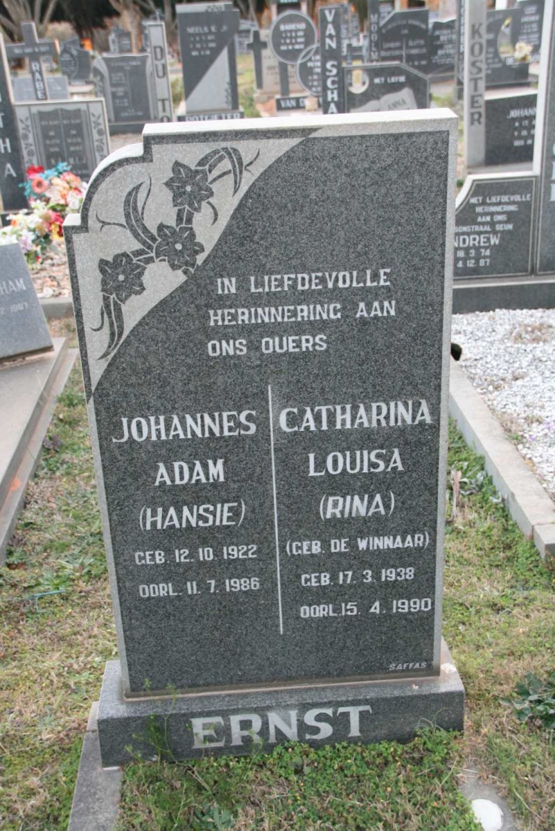 ERNST Johannes Adam 1922-1986 &amp; Catharina Louisa DE WINNAAR 1938-1990