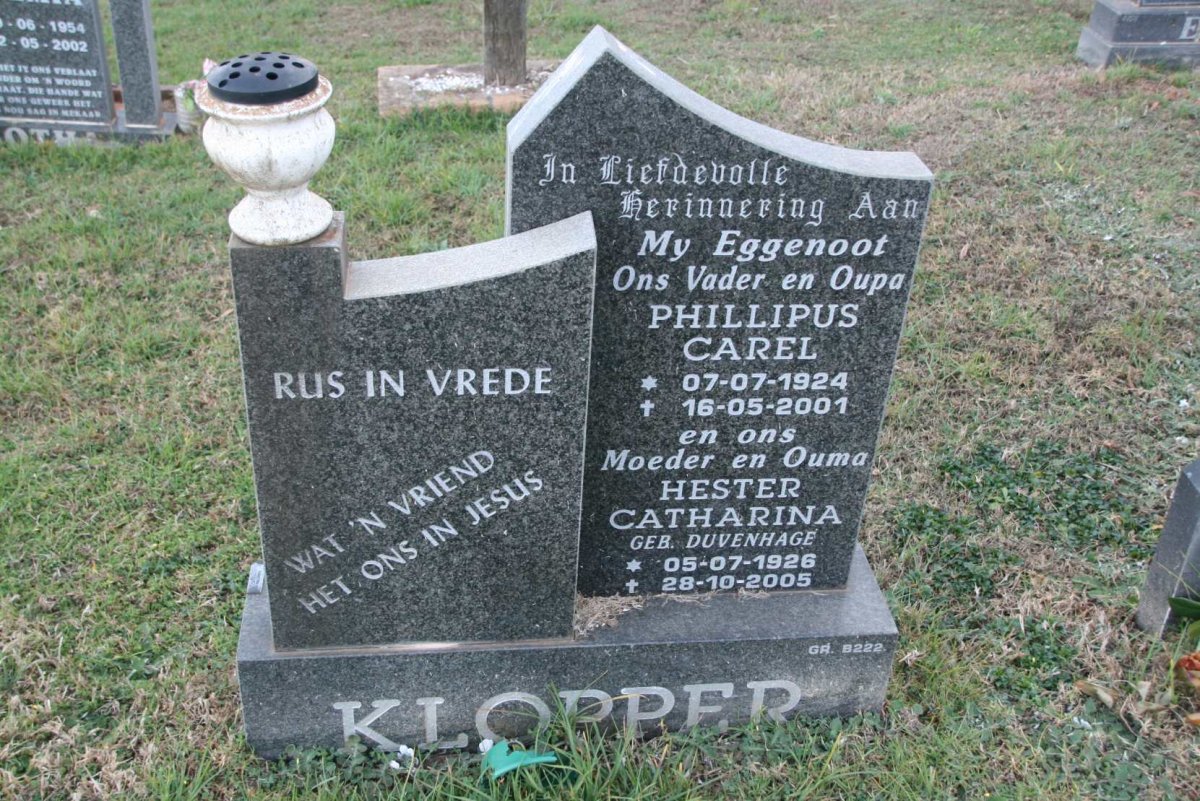 KLOPPER Phillipus Carel 1924-2001 &amp; Hester Catharina DUVENHAGE 1926-2005