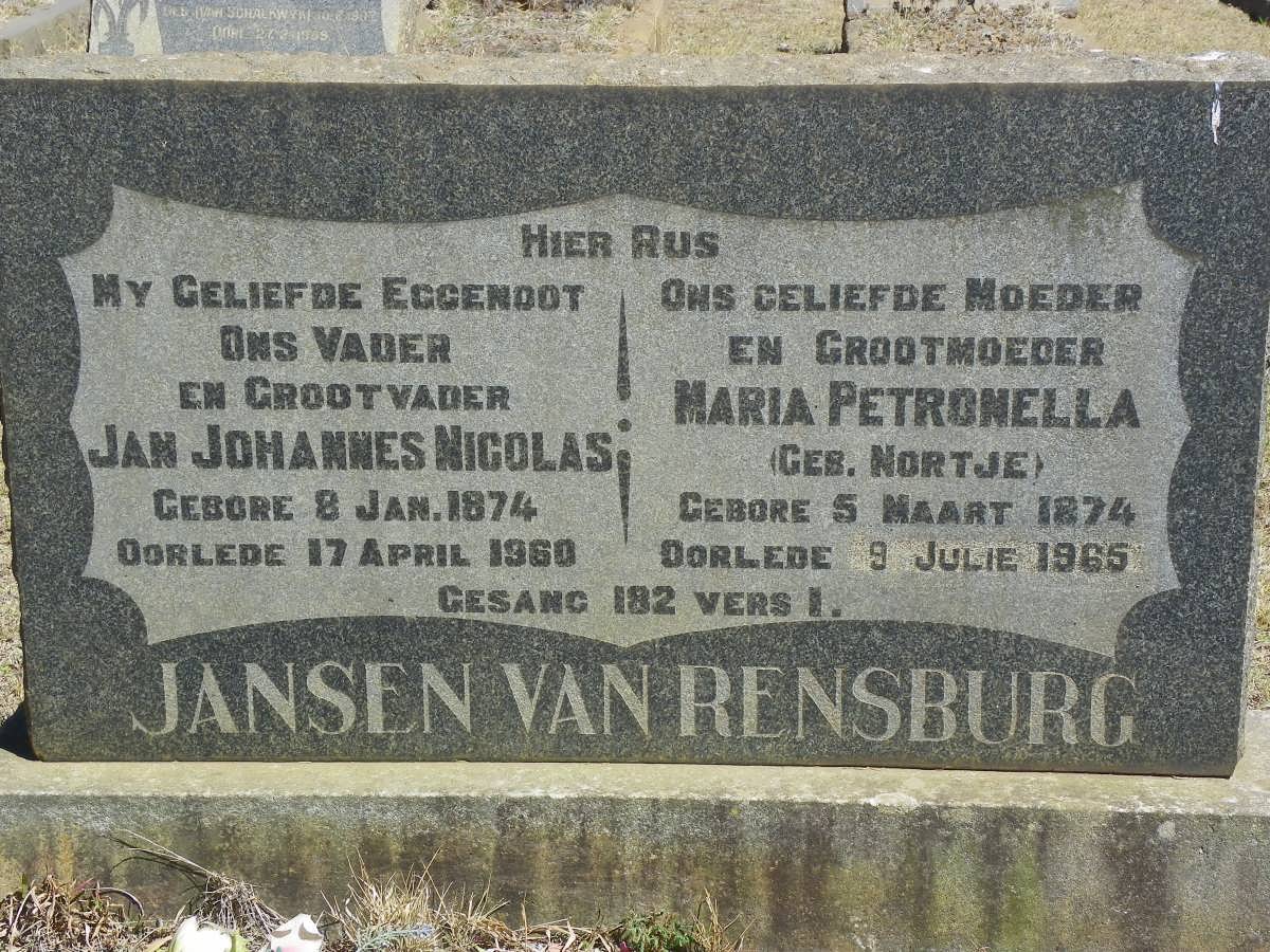 RENSBURG Jan Johannes Nicolas, Jansen van 1874-1960 &amp; Maria Petronella NORTJE 1874-1965