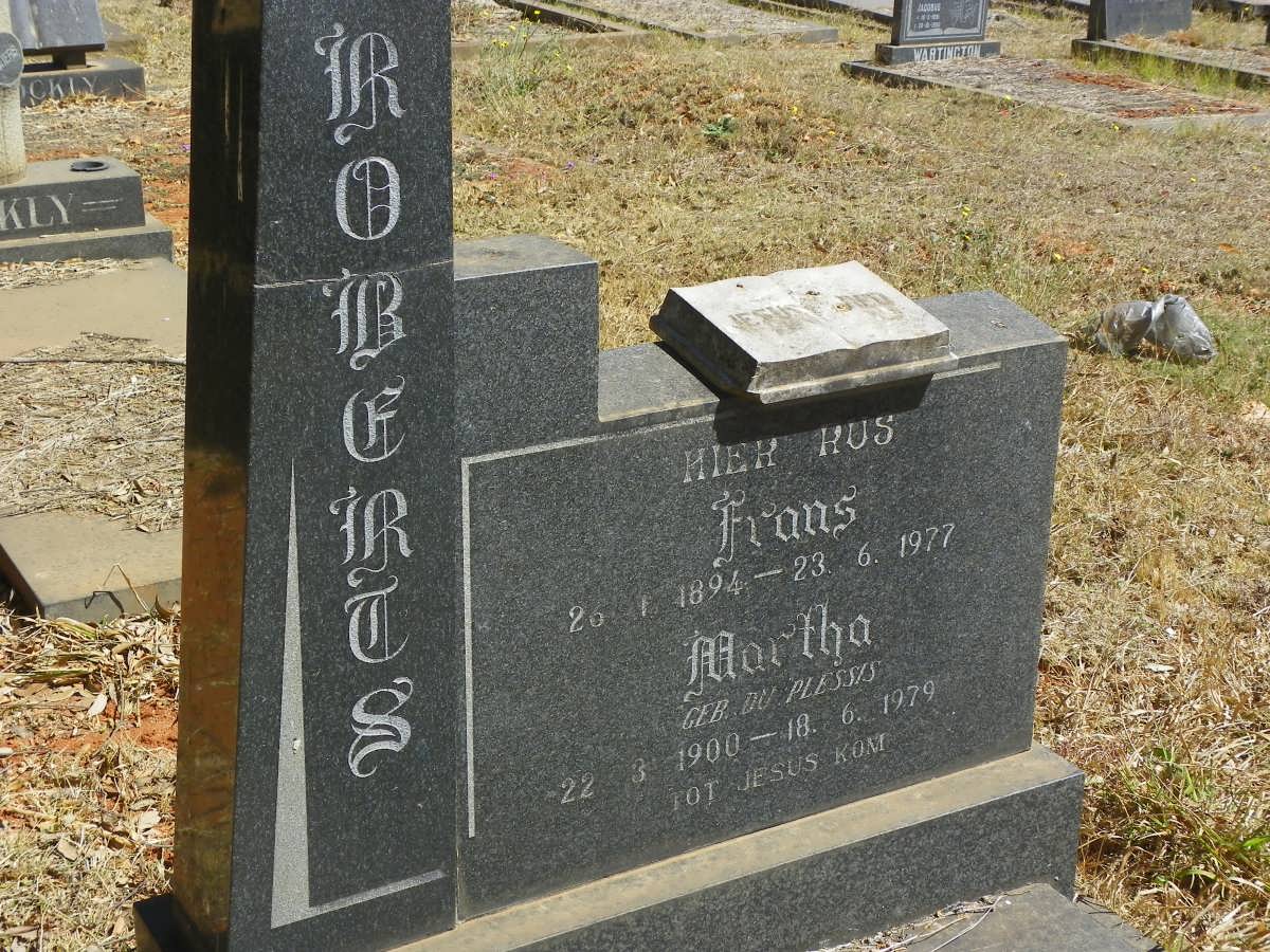 ROBERTS Frans 1894-1977 &amp; Martha DU PLESSIS 1900-1979