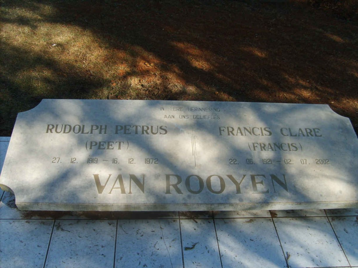 ROOYEN  Rudolph Petrus, van 1919-1972 &amp; Francis Clare 1921-2002