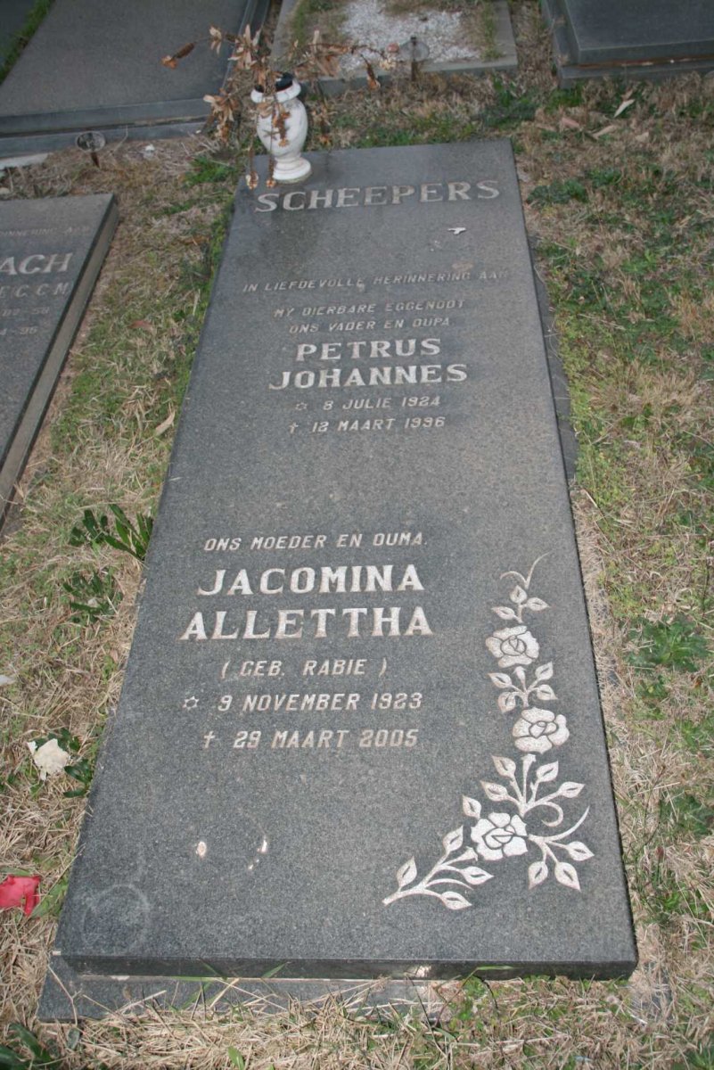 SCHEEPERS Petrus Johannes 1924-1996 &amp; Jacomina Allettha RABIE 1923-2005