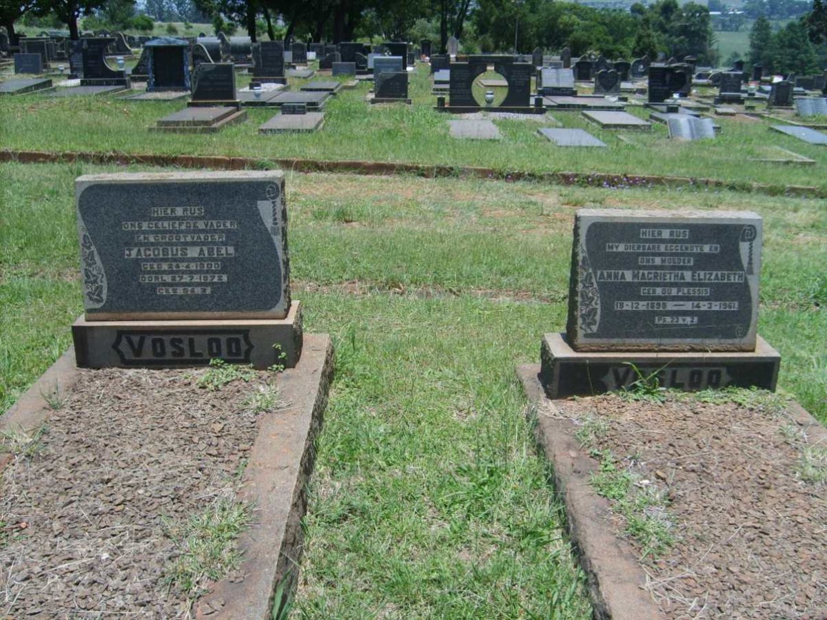 VOSLOO Jacobus Abel 1900-1972 &amp; Anna Magrieta Elizabeth Du PLESSIS 1898-1961