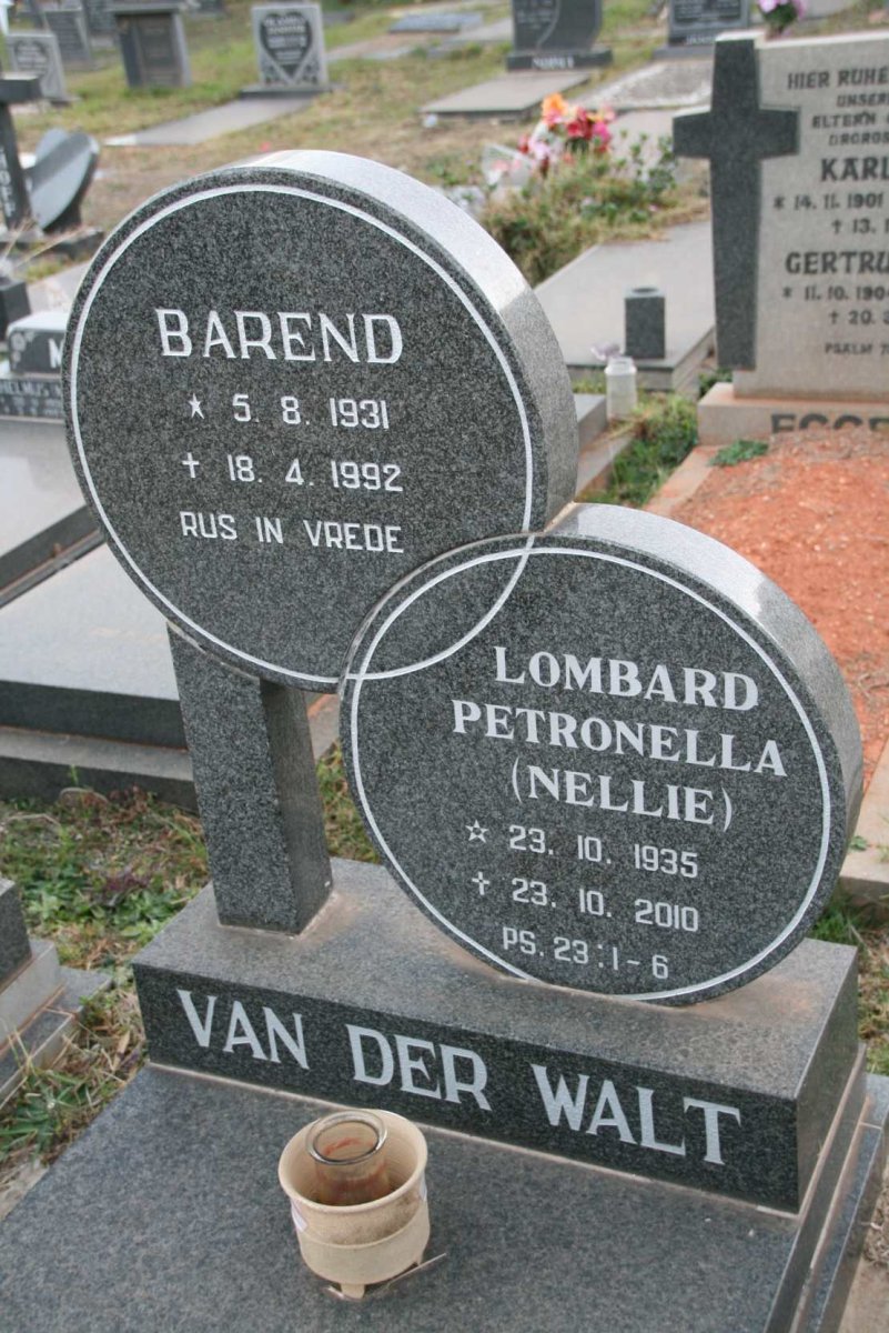 WALT Barend, van der 1931-1992 &amp; Petronella LOMBARD 1935-2010