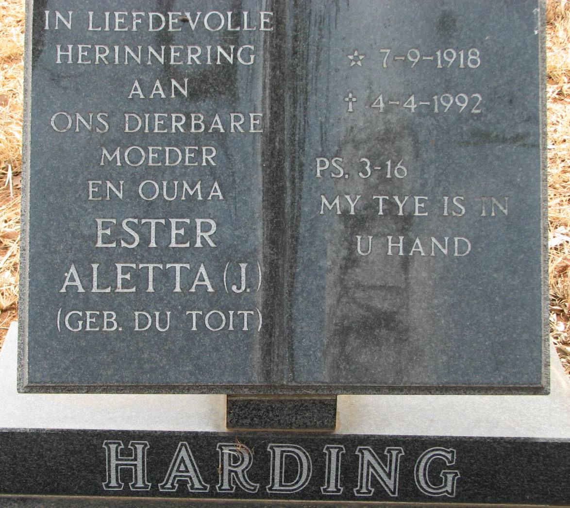 HARDING Ester Aletta J. nee DU TOIT 1918-1992
