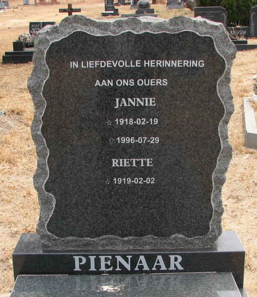 PIENAAR Jannie 1918-1996 &amp; Riette 1919-