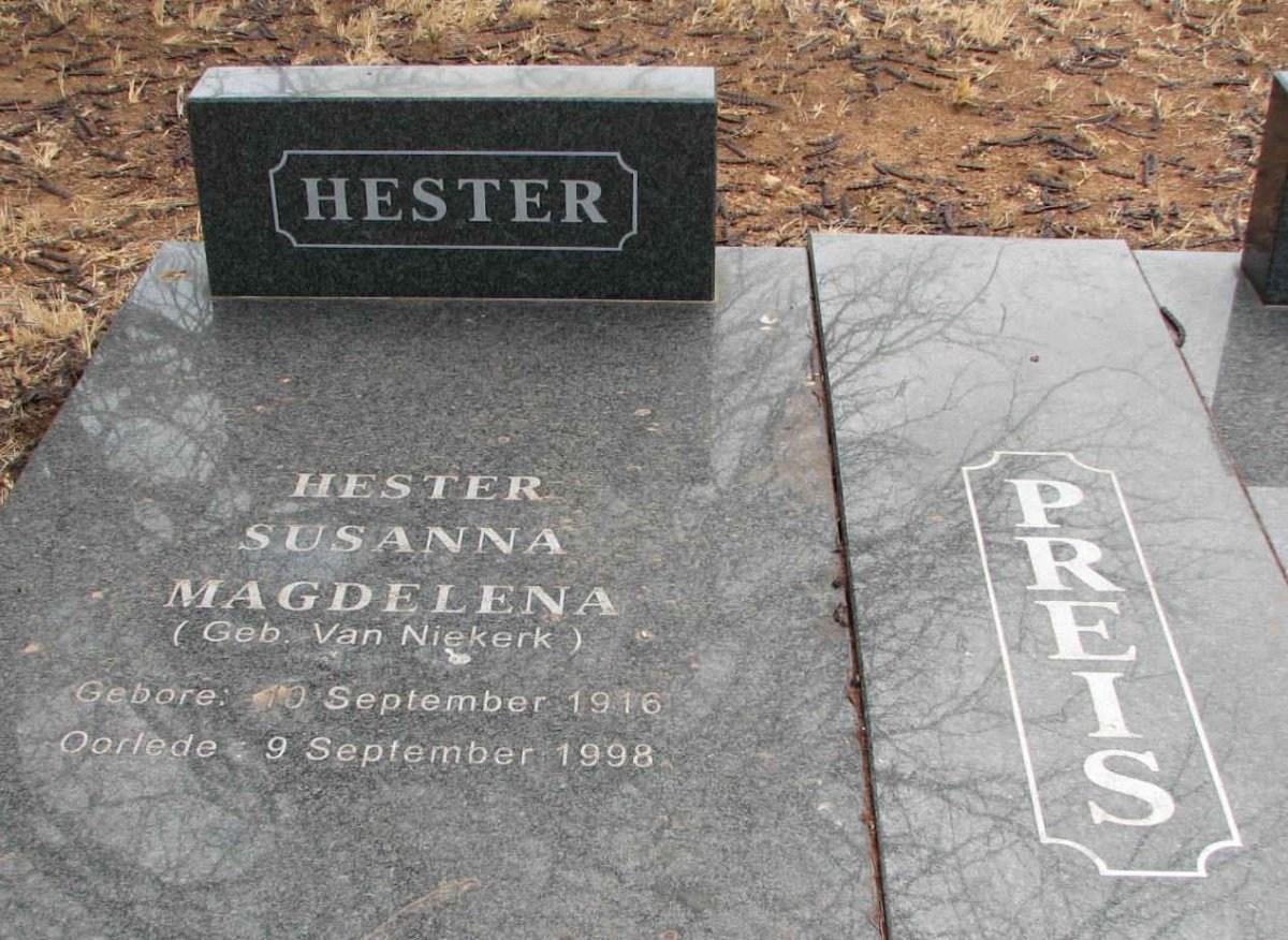 PREIS Hester Susanna Magdelena nee VAN NIEKERK 1916-1998