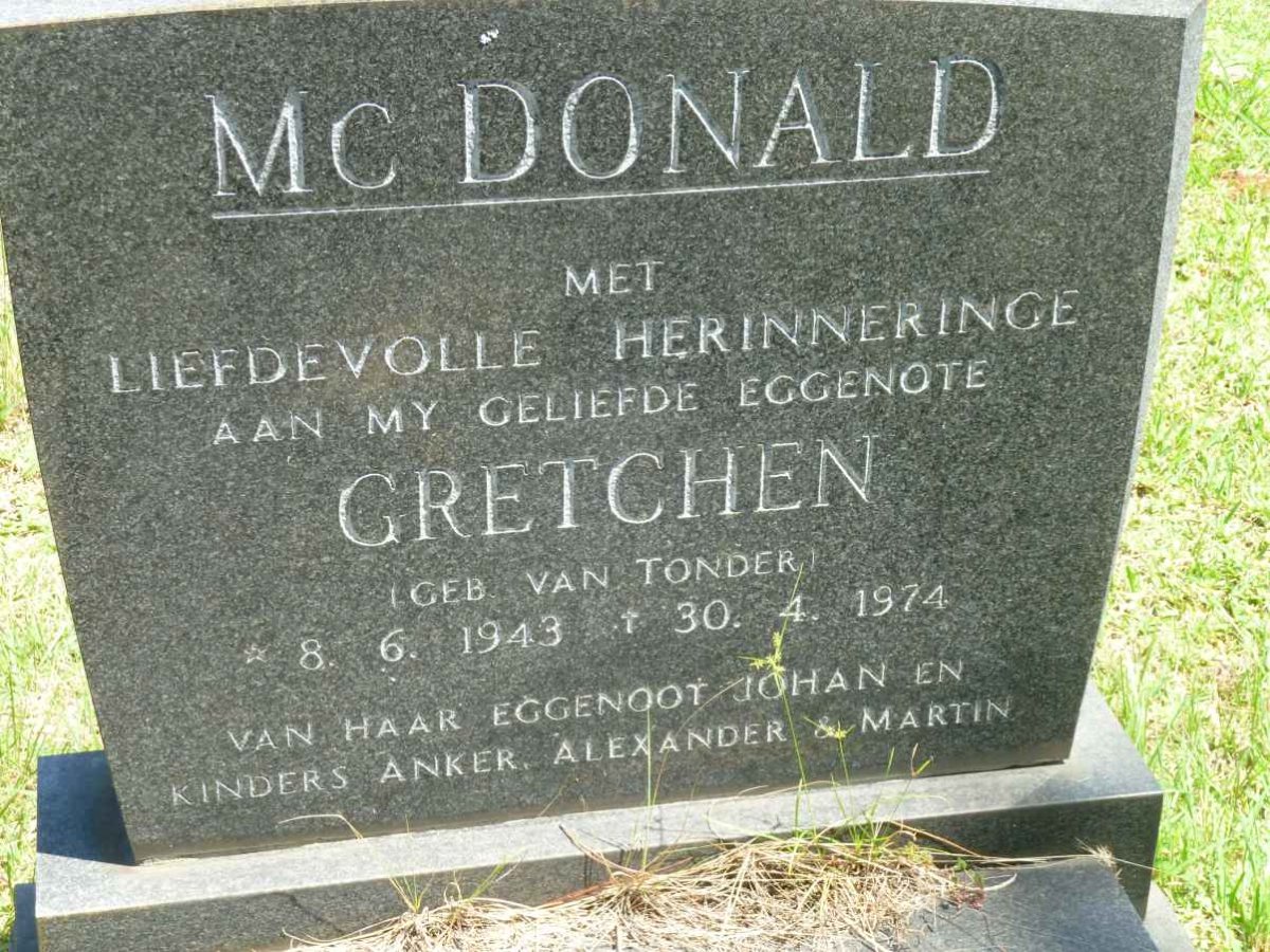 Mc DONALD Gretchen nee VAN TONDER 1943-1974