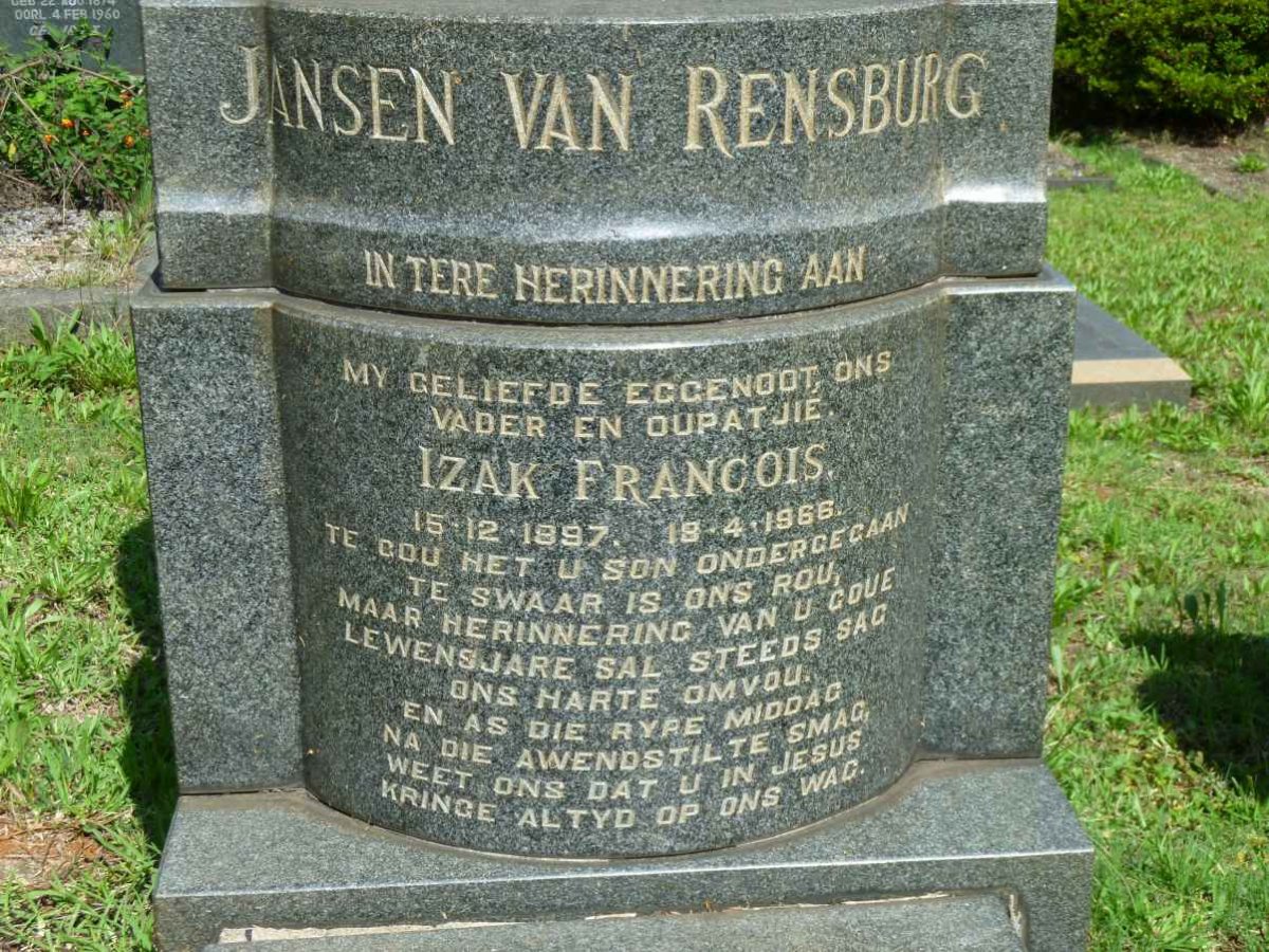 RENSBURG Izak Francois, Jansen van 1897-1966