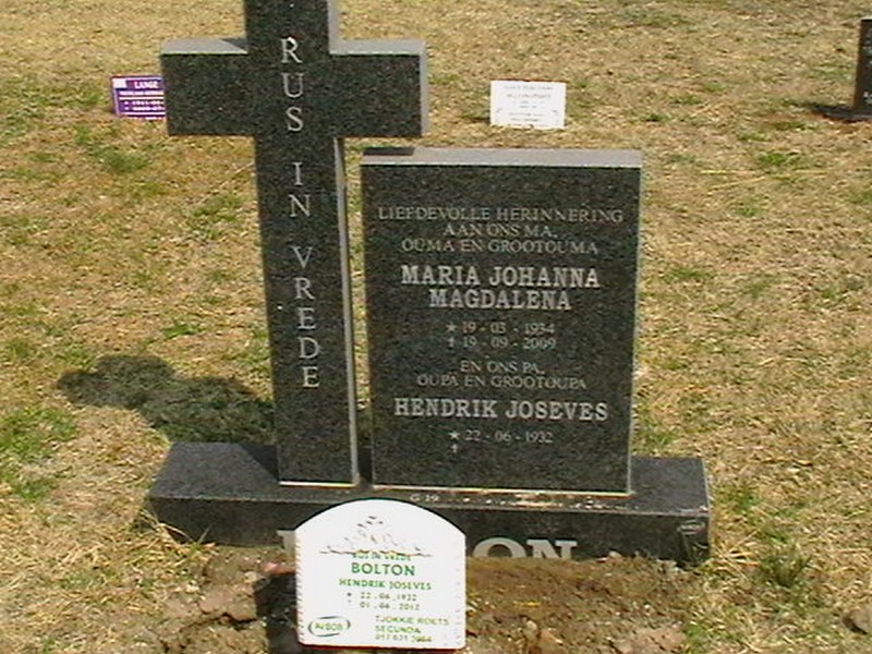 BOLTON Hendrik Joseves 1932-2012 &amp; Maria Johanna Magdalena 1934-2009