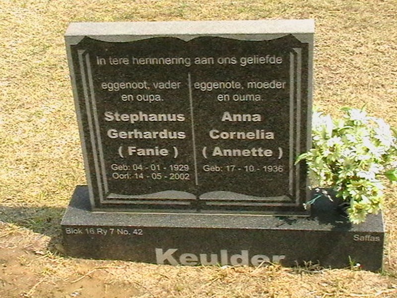 KEULDER Stephanus Gerhardus 1929-2002 &amp; Anna Cornelia 1936-
