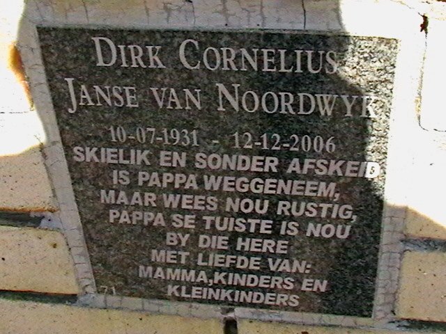 NOORDWYK Dirk Cornelius, Janse van 1931-2006