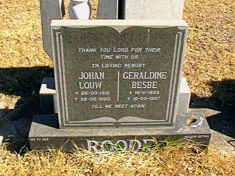 ROODE Johan Louw 1931-2001 &amp; Geraldine Besbe 1933-1997