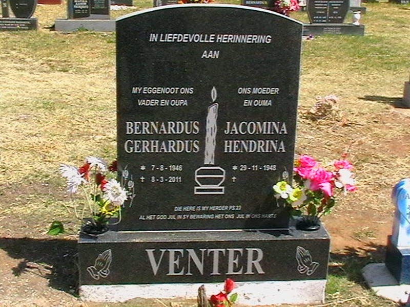 VENTER Bernardus Gerhardus 1946-2011 &amp; Jacomina Hendrina 1948-