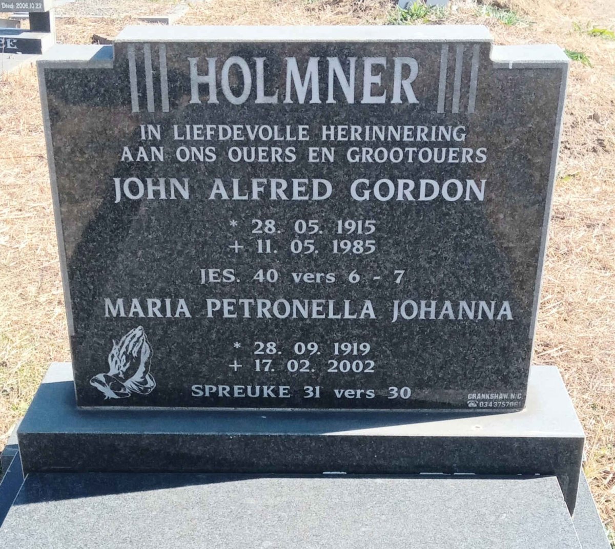 HOLMNER John Alfred Gordon 1915-1985 & Maria Petronella Johanna 1919-2002