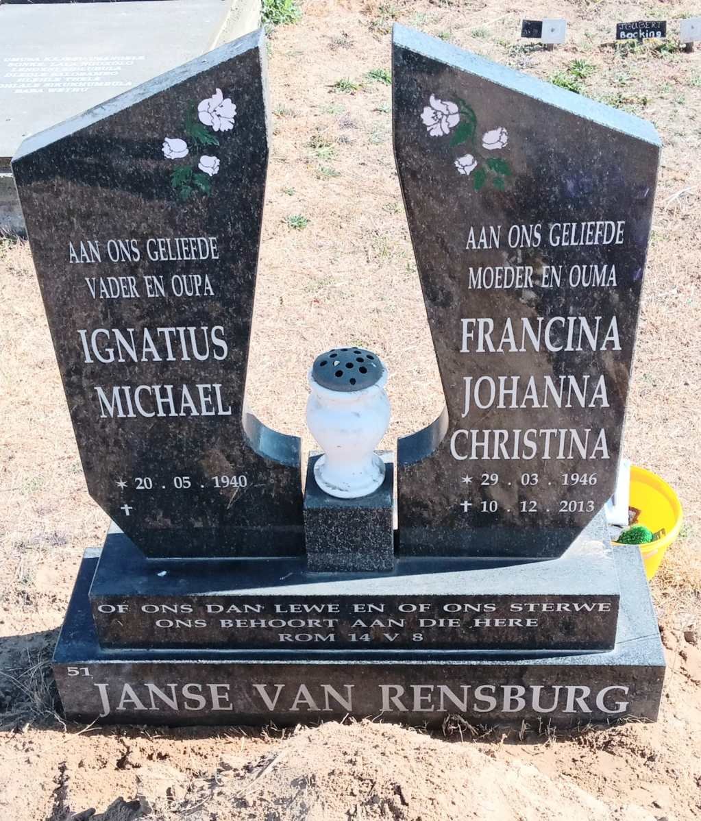 RENSBURG Ignatius Michael, Janse van 1940- & Francina Johanna Christina 1946-2013