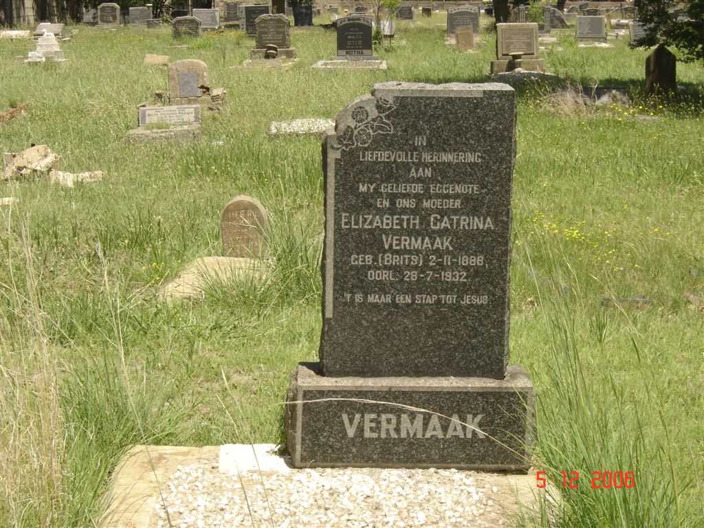 VERMAAK Elizabeth Catrina nee BRITS 1888 - 1932