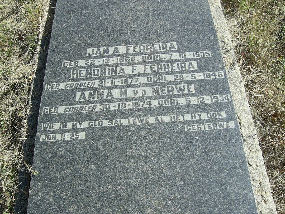 FERREIRA Jan A. 1860-1935 &amp; Hendrina F. GROBLER 1877-1946 :: MERWE Anna M., van der nee GROBLER 1874-1934